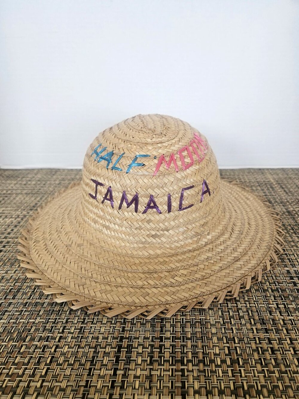 VINTAGE HALF MOON JAMAICAN handwoven embroidered straw hat